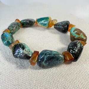 Chunky Natural Turquoise & Carnelian Stretch Bracelet Southwest Western Boho